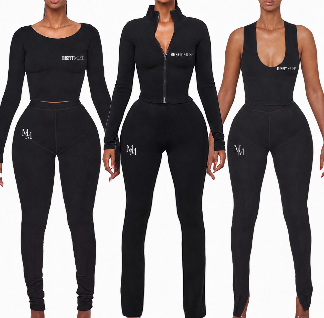 Three black Misfit Muse activewear looks