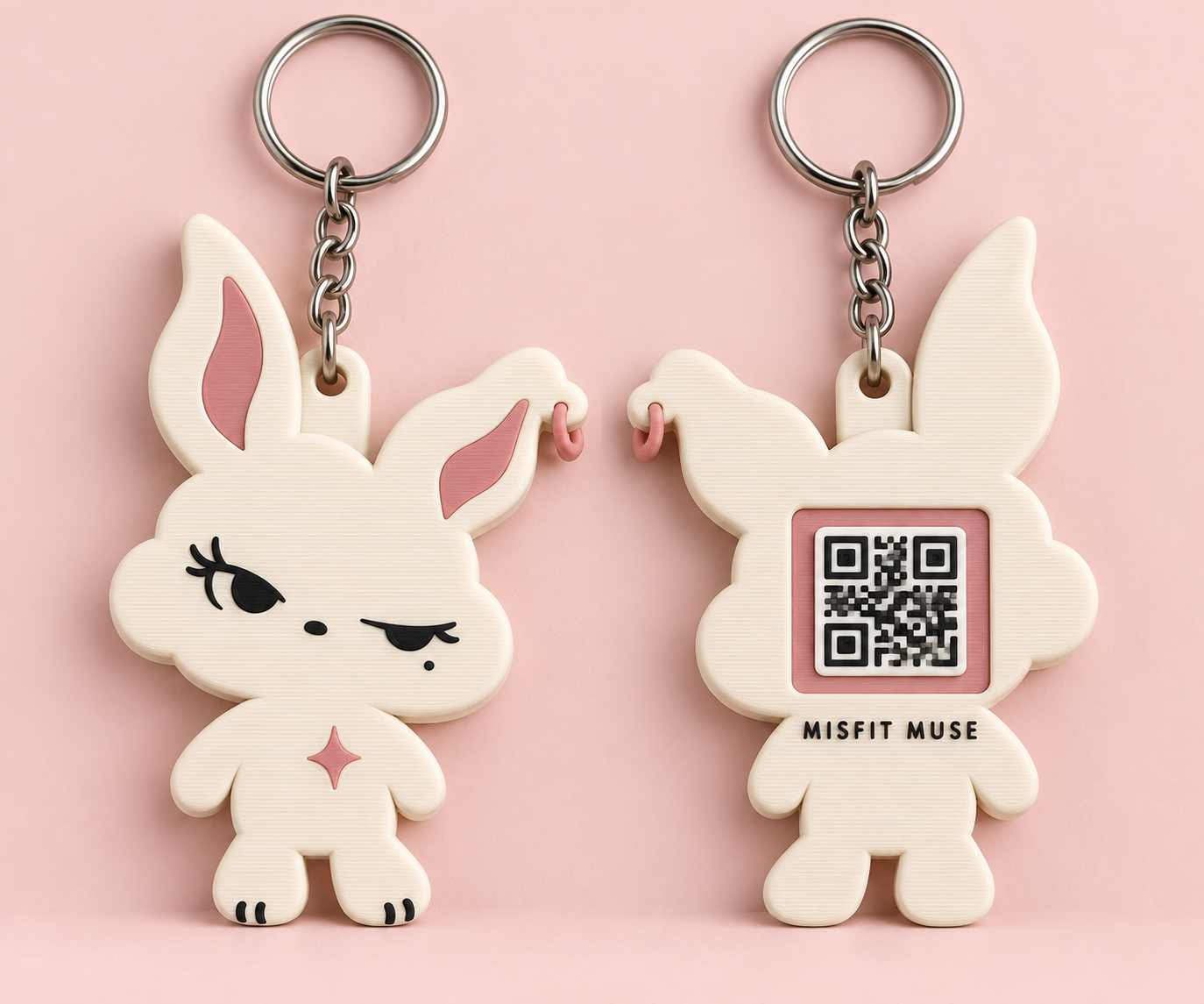 Front and back of the collectible Bunzy keychain with a QR panel