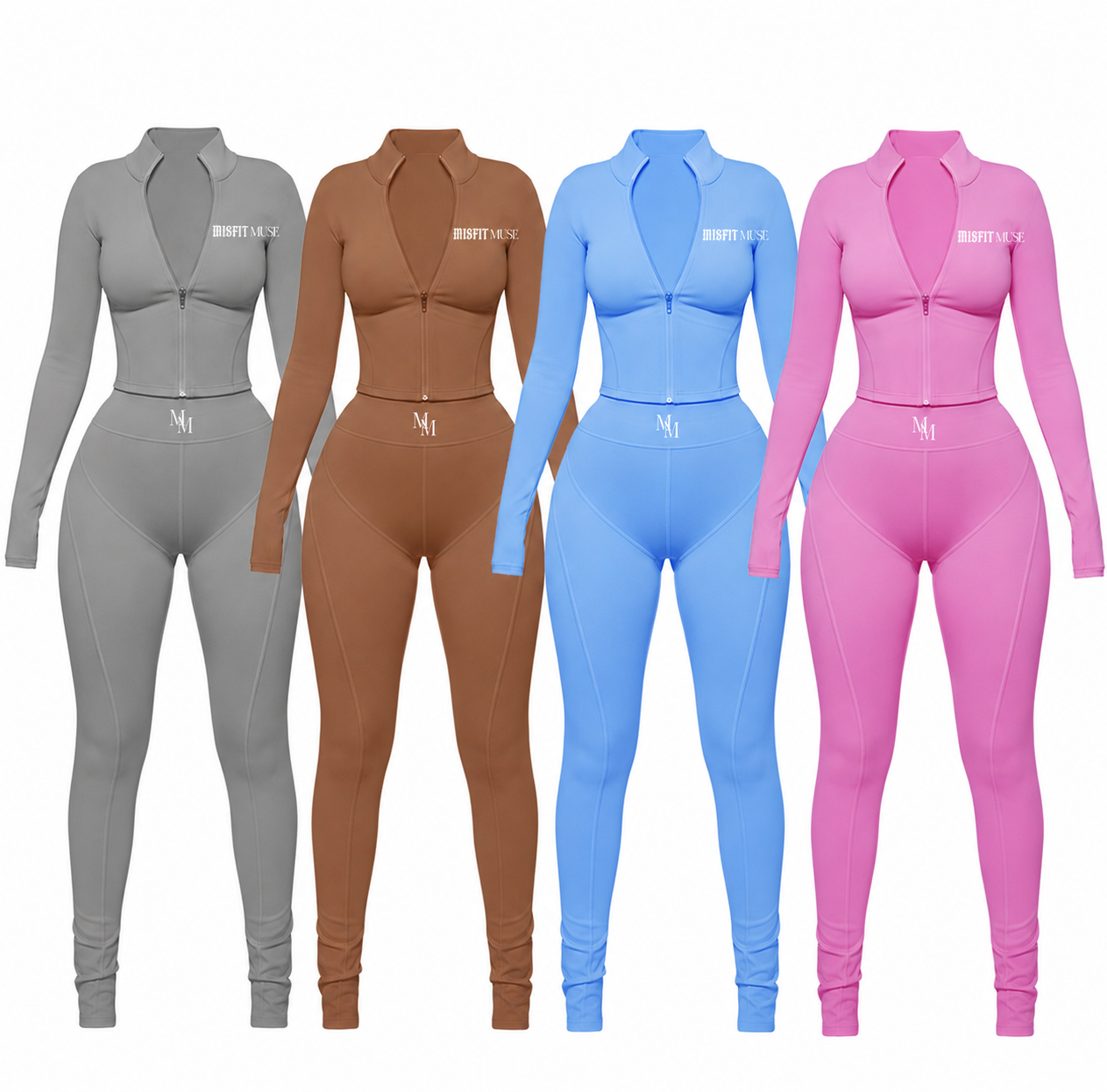 Misfit Muse fitted zip activewear sets in four colors
